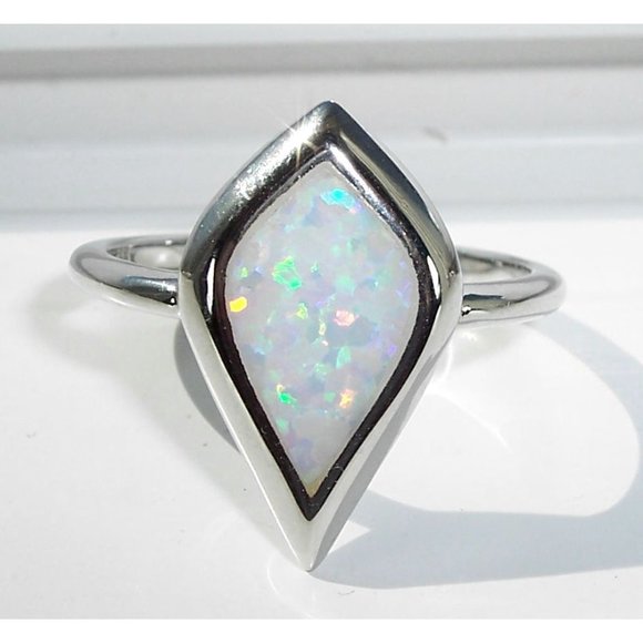 925 STERLING SILVER Lab Created Mystic Shape White Opal Ring - Picture 1 of 16